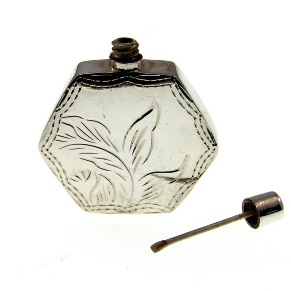 Solid 925 Sterling Silver Etched Floral Hexagon Perfume Bottle with Dip Stick - Picture 7 of 8